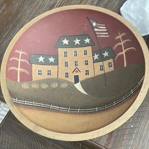 Vintage Farmhouse Large Wooden Painted Building American Flag Round Bowl